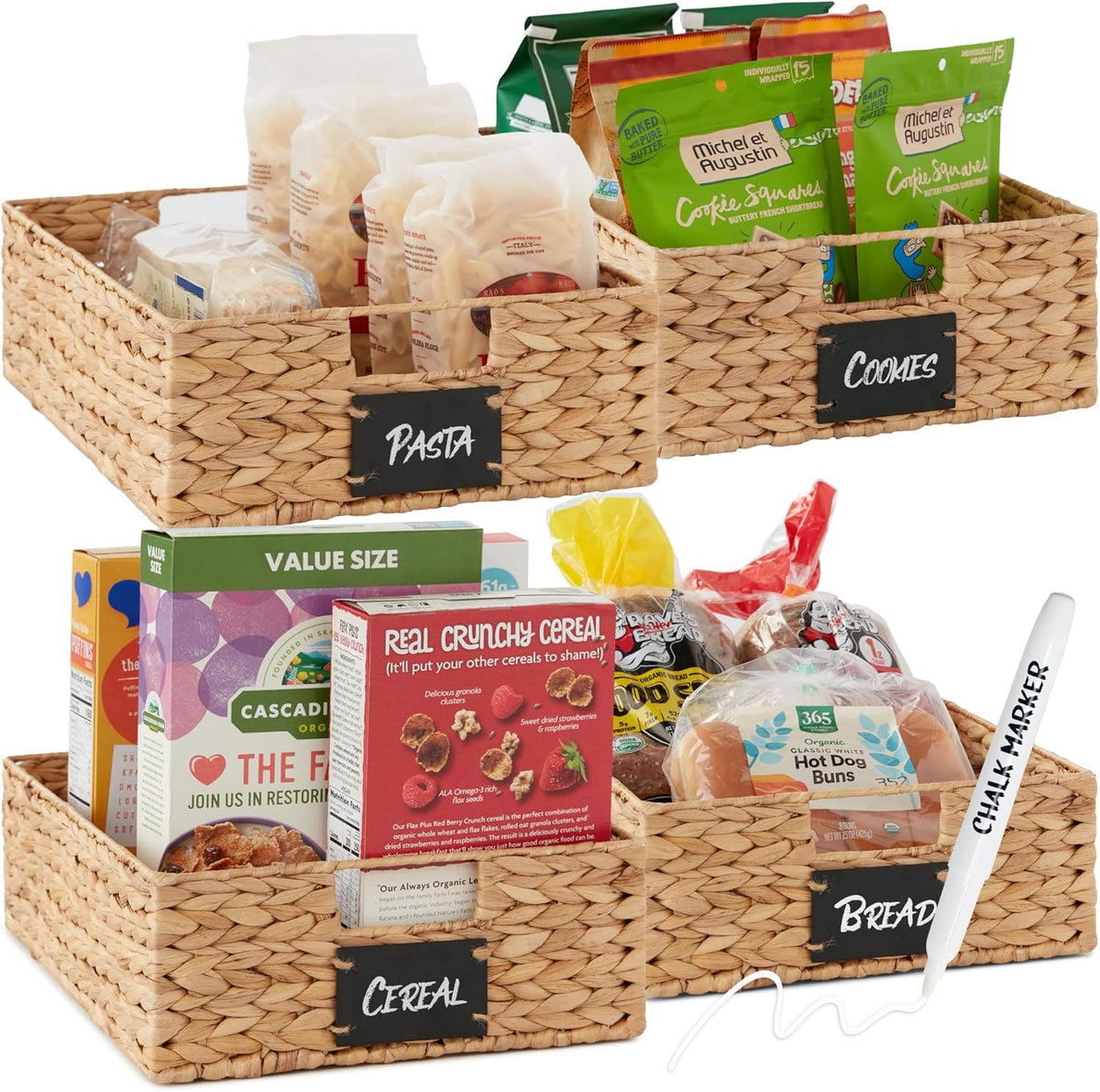 Best Choice Products Set of 4 16x12in Large Water Hyacinth Pantry Baskets, Woven Organizers w/Chalkboard Label, Chalk Marker - Natural