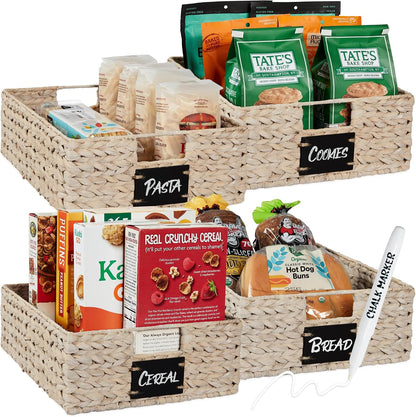 Best Choice Products Set of 4 16x12in Large Water Hyacinth Pantry Baskets, Woven Organizers w/Chalkboard Label, Chalk Marker - Natural