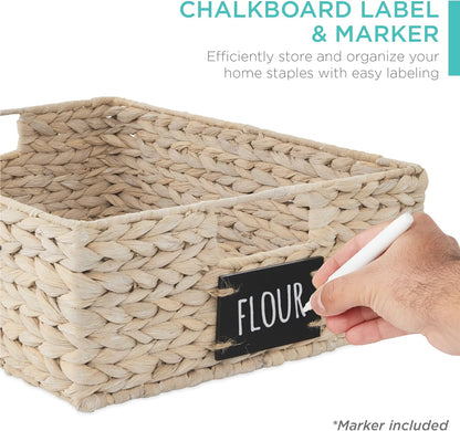 Best Choice Products Set of 4 16x12in Large Water Hyacinth Pantry Baskets, Woven Organizers w/Chalkboard Label, Chalk Marker - Natural