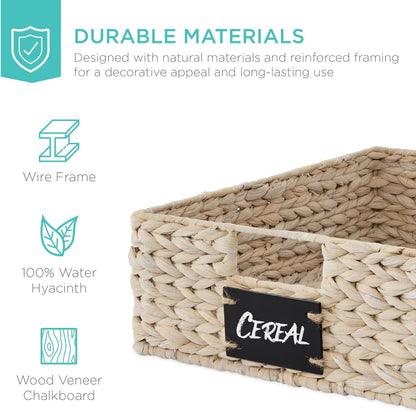 Best Choice Products Set of 4 16x12in Large Water Hyacinth Pantry Baskets, Woven Organizers w/Chalkboard Label, Chalk Marker - Natural