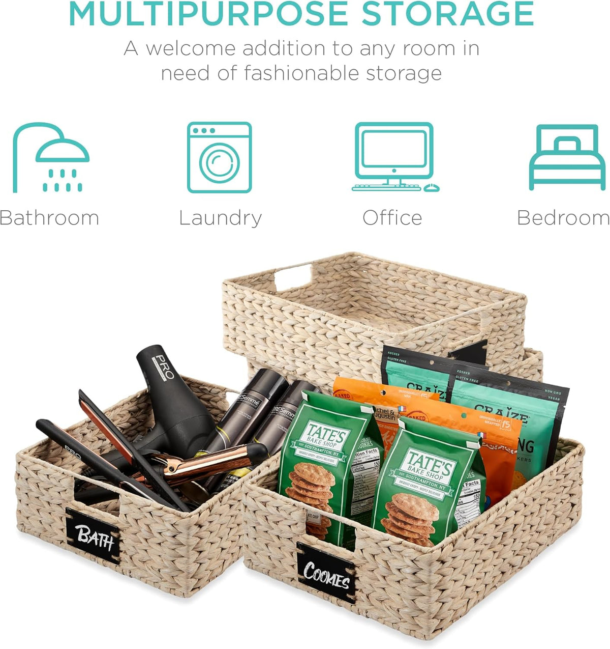 Best Choice Products Set of 4 16x12in Large Water Hyacinth Pantry Baskets, Woven Organizers w/Chalkboard Label, Chalk Marker - Natural