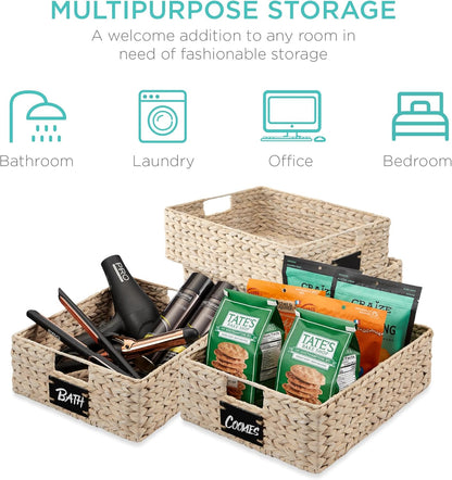 Best Choice Products Set of 4 16x12in Large Water Hyacinth Pantry Baskets, Woven Organizers w/Chalkboard Label, Chalk Marker - Natural