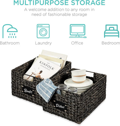 Best Choice Products Set of 4 16x12in Large Water Hyacinth Pantry Baskets, Woven Organizers w/Chalkboard Label, Chalk Marker - Natural