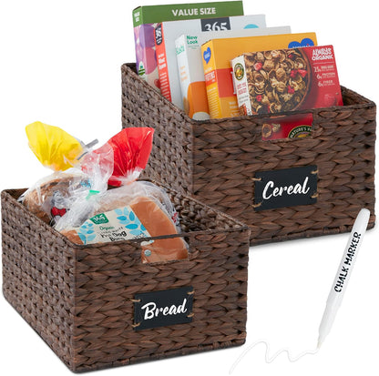 Best Choice Products Set of 4 16x12in Large Water Hyacinth Pantry Baskets, Woven Organizers w/Chalkboard Label, Chalk Marker - Natural