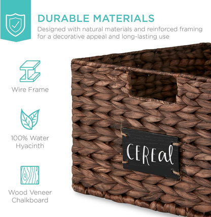 Best Choice Products Set of 4 16x12in Large Water Hyacinth Pantry Baskets, Woven Organizers w/Chalkboard Label, Chalk Marker - Natural