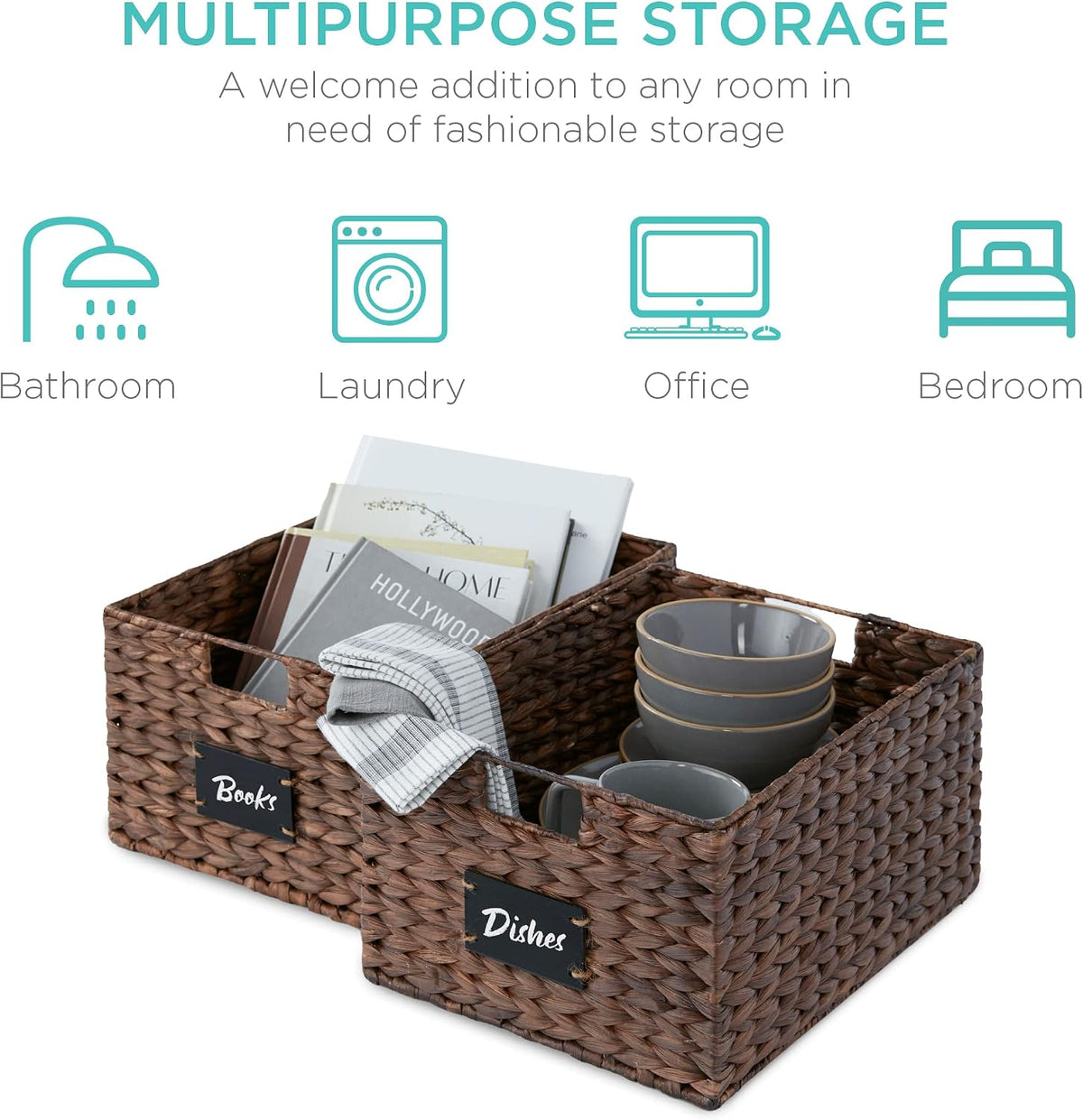 Best Choice Products Set of 4 16x12in Large Water Hyacinth Pantry Baskets, Woven Organizers w/Chalkboard Label, Chalk Marker - Natural