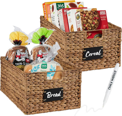 Best Choice Products Set of 4 16x12in Large Water Hyacinth Pantry Baskets, Woven Organizers w/Chalkboard Label, Chalk Marker - Natural