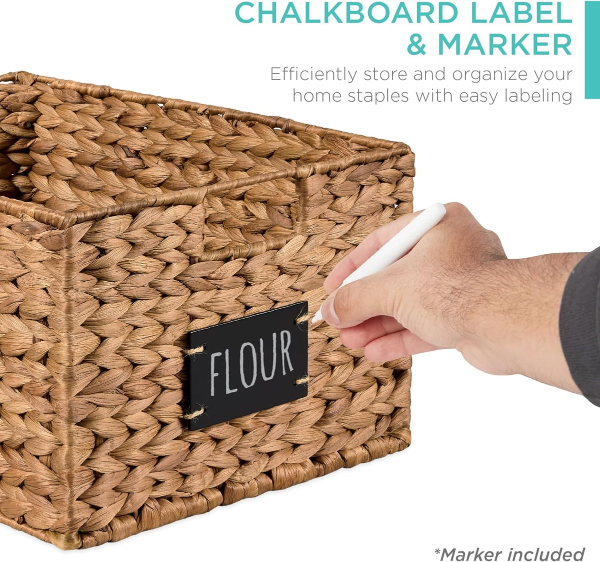Best Choice Products Set of 4 16x12in Large Water Hyacinth Pantry Baskets, Woven Organizers w/Chalkboard Label, Chalk Marker - Natural