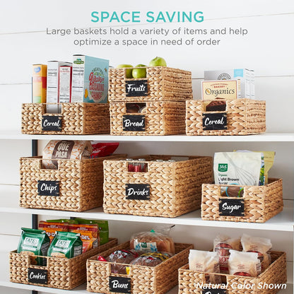 Best Choice Products Set of 4 16x12in Large Water Hyacinth Pantry Baskets, Woven Organizers w/Chalkboard Label, Chalk Marker - Natural