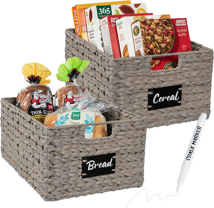 Best Choice Products Set of 4 16x12in Large Water Hyacinth Pantry Baskets, Woven Organizers w/Chalkboard Label, Chalk Marker - Natural
