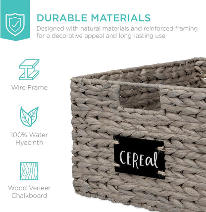 Best Choice Products Set of 4 16x12in Large Water Hyacinth Pantry Baskets, Woven Organizers w/Chalkboard Label, Chalk Marker - Natural