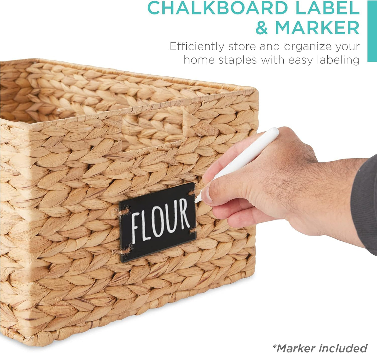 Best Choice Products Set of 4 16x12in Large Water Hyacinth Pantry Baskets, Woven Organizers w/Chalkboard Label, Chalk Marker - Natural