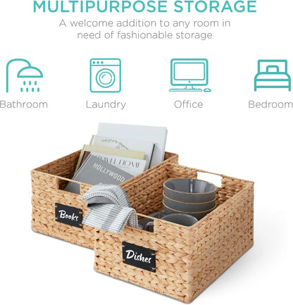 Best Choice Products Set of 4 16x12in Large Water Hyacinth Pantry Baskets, Woven Organizers w/Chalkboard Label, Chalk Marker - Natural
