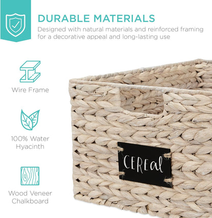 Best Choice Products Set of 4 16x12in Large Water Hyacinth Pantry Baskets, Woven Organizers w/Chalkboard Label, Chalk Marker - Natural