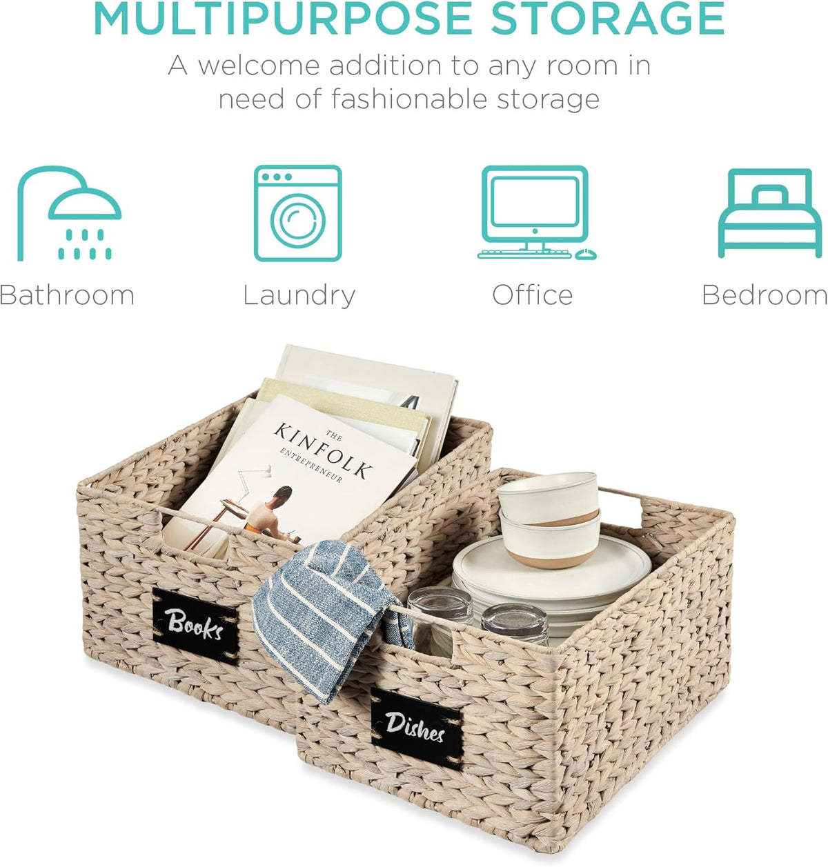 Best Choice Products Set of 4 16x12in Large Water Hyacinth Pantry Baskets, Woven Organizers w/Chalkboard Label, Chalk Marker - Natural