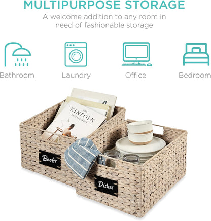 Best Choice Products Set of 4 16x12in Large Water Hyacinth Pantry Baskets, Woven Organizers w/Chalkboard Label, Chalk Marker - Natural