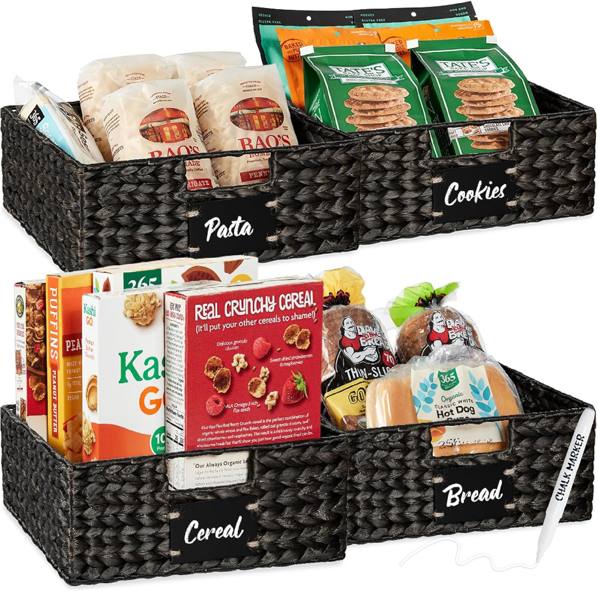 Best Choice Products Set of 4 16x12in Large Water Hyacinth Pantry Baskets, Woven Organizers w/Chalkboard Label, Chalk Marker - Natural