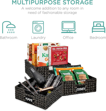Best Choice Products Set of 4 16x12in Large Water Hyacinth Pantry Baskets, Woven Organizers w/Chalkboard Label, Chalk Marker - Natural