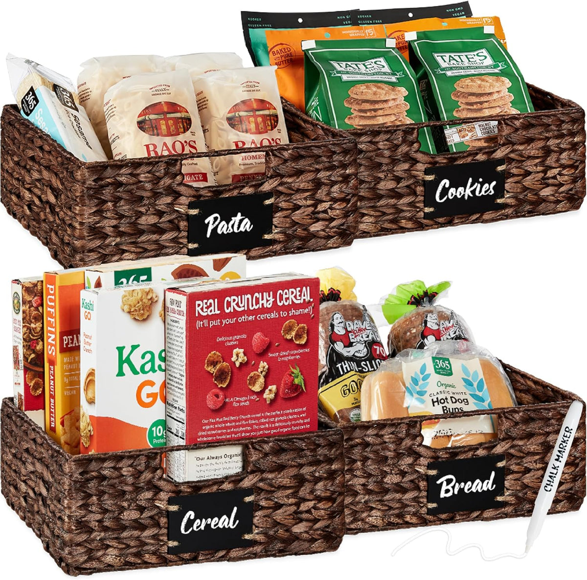 Best Choice Products Set of 4 16x12in Large Water Hyacinth Pantry Baskets, Woven Organizers w/Chalkboard Label, Chalk Marker - Natural