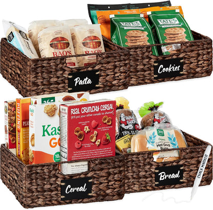 Best Choice Products Set of 4 16x12in Large Water Hyacinth Pantry Baskets, Woven Organizers w/Chalkboard Label, Chalk Marker - Natural
