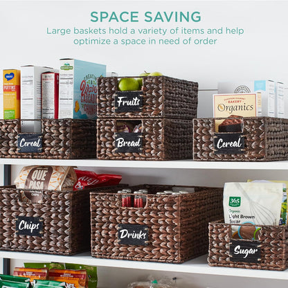 Best Choice Products Set of 4 16x12in Large Water Hyacinth Pantry Baskets, Woven Organizers w/Chalkboard Label, Chalk Marker - Natural