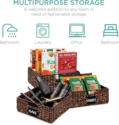 Best Choice Products Set of 4 16x12in Large Water Hyacinth Pantry Baskets, Woven Organizers w/Chalkboard Label, Chalk Marker - Natural