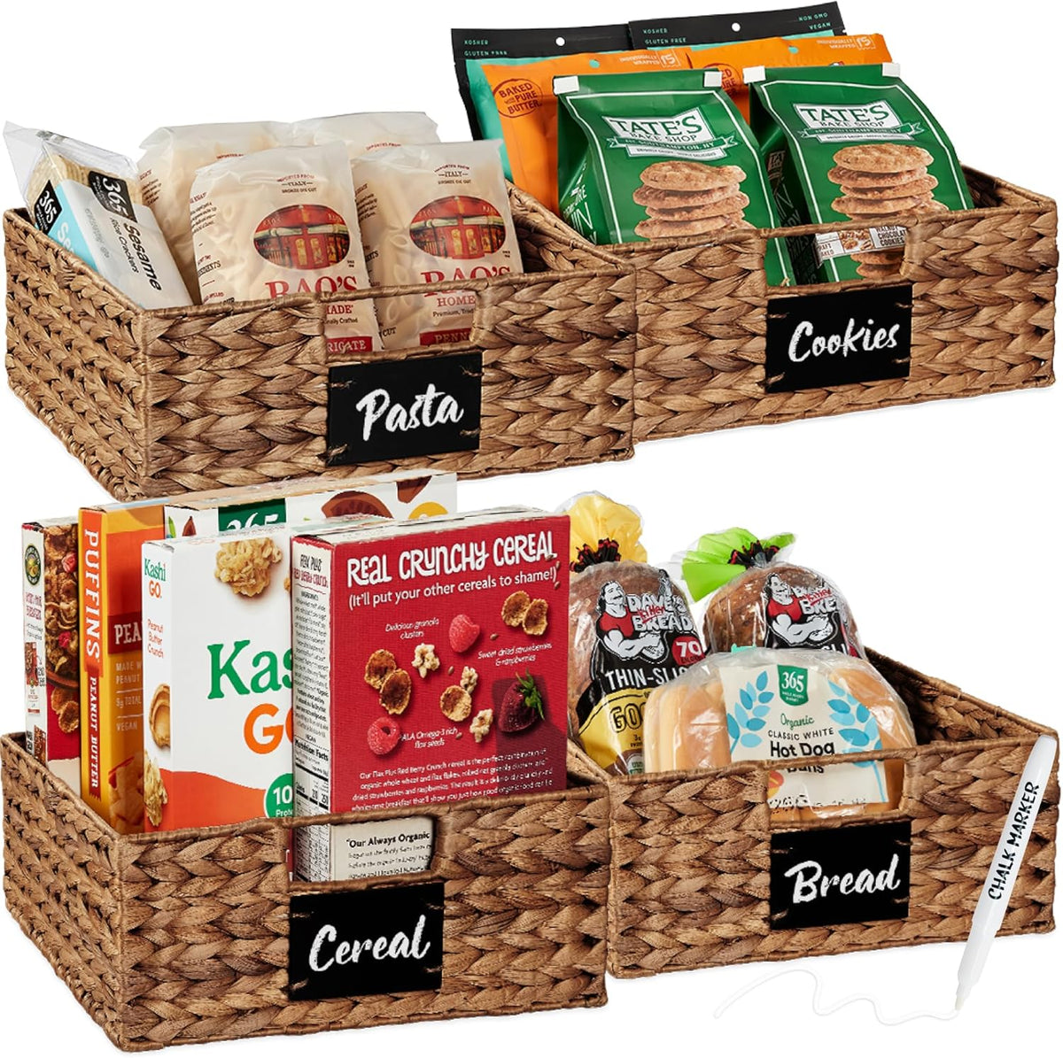 Best Choice Products Set of 4 16x12in Large Water Hyacinth Pantry Baskets, Woven Organizers w/Chalkboard Label, Chalk Marker - Natural