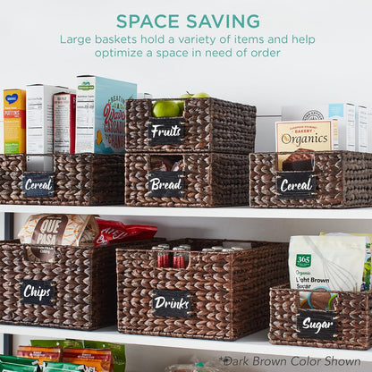 Best Choice Products Set of 4 16x12in Large Water Hyacinth Pantry Baskets, Woven Organizers w/Chalkboard Label, Chalk Marker - Natural