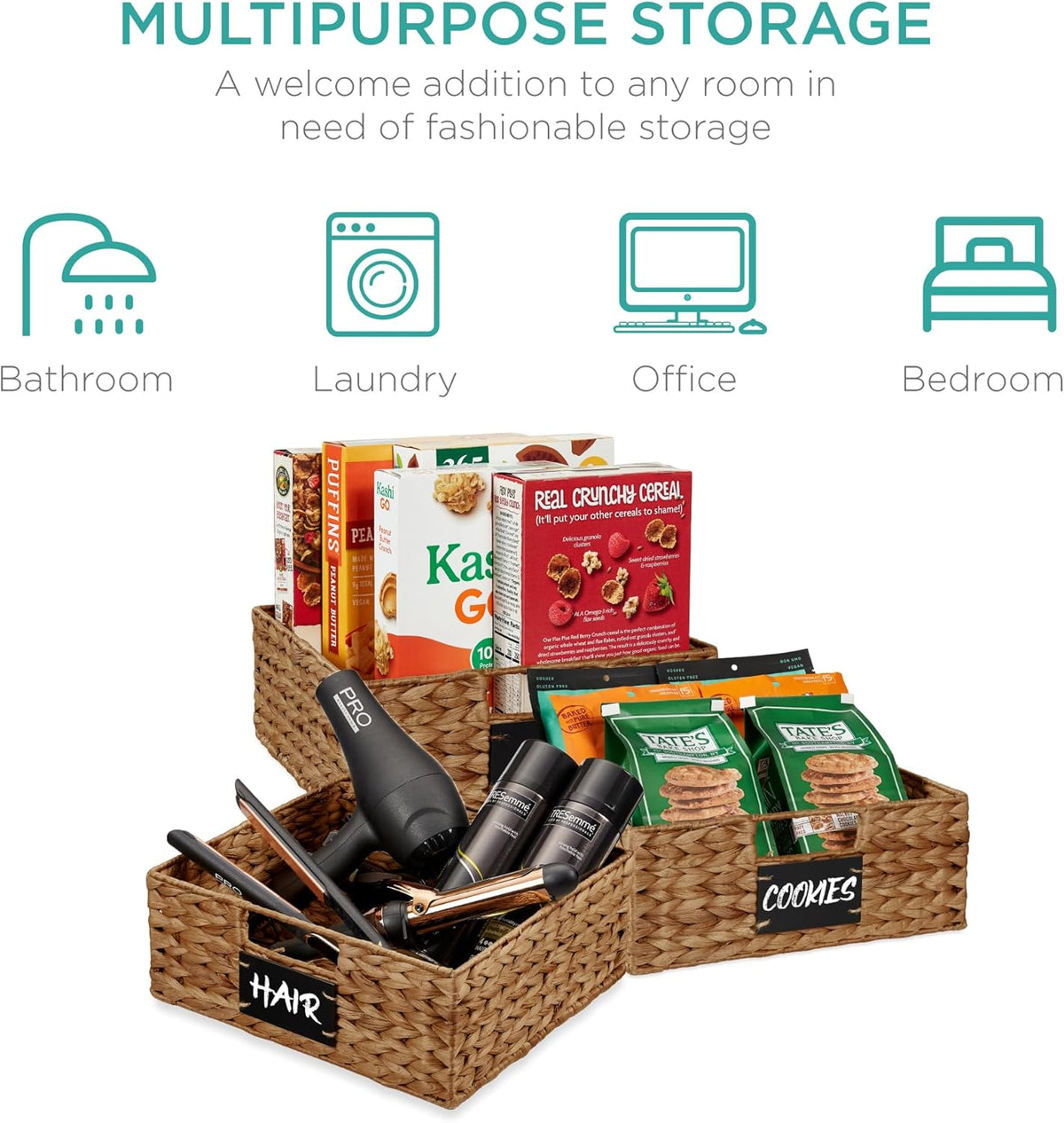 Best Choice Products Set of 4 16x12in Large Water Hyacinth Pantry Baskets, Woven Organizers w/Chalkboard Label, Chalk Marker - Natural