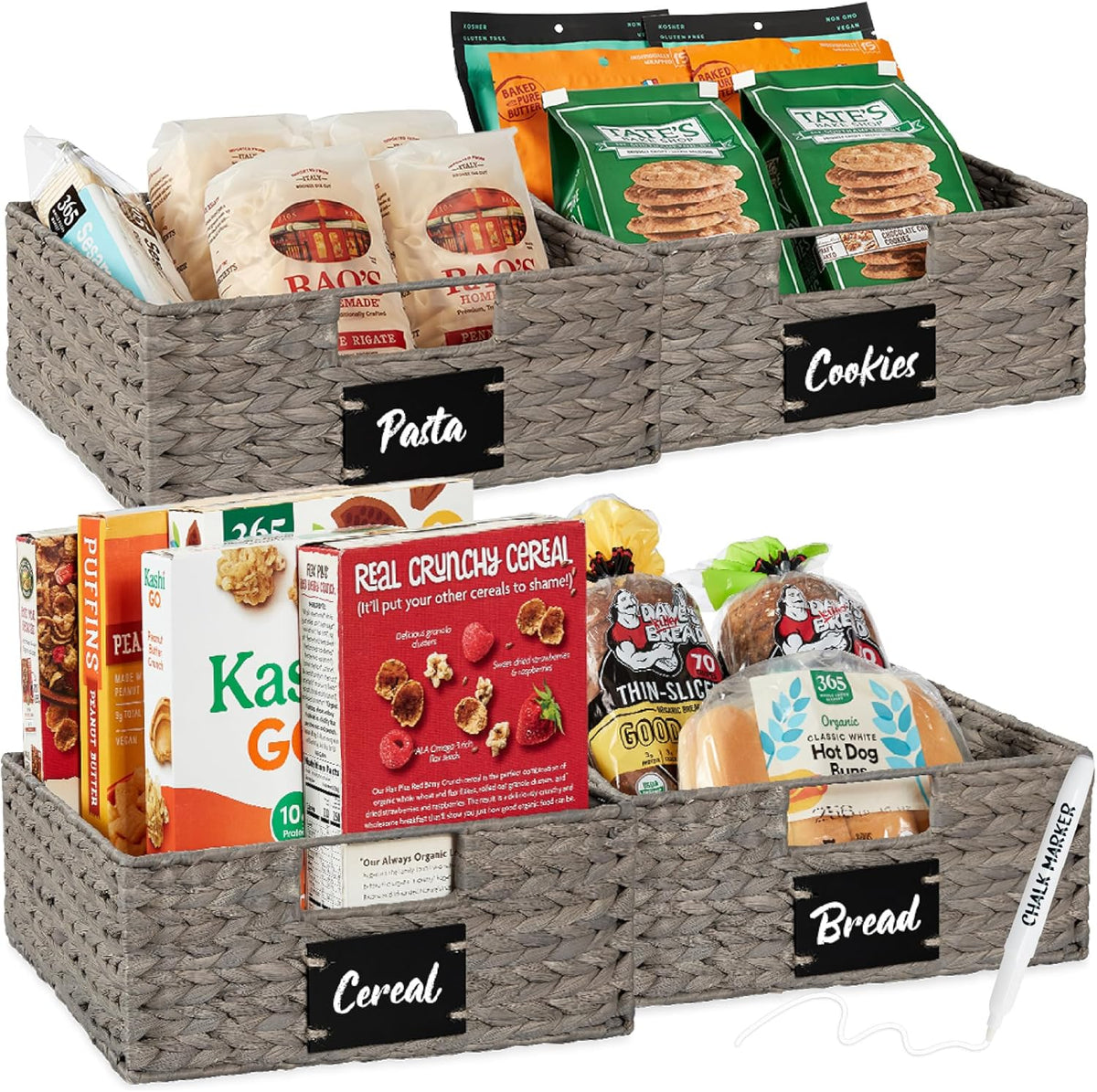 Best Choice Products Set of 4 16x12in Large Water Hyacinth Pantry Baskets, Woven Organizers w/Chalkboard Label, Chalk Marker - Natural