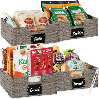 Best Choice Products Set of 4 16x12in Large Water Hyacinth Pantry Baskets, Woven Organizers w/Chalkboard Label, Chalk Marker - Natural