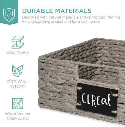 Best Choice Products Set of 4 16x12in Large Water Hyacinth Pantry Baskets, Woven Organizers w/Chalkboard Label, Chalk Marker - Natural