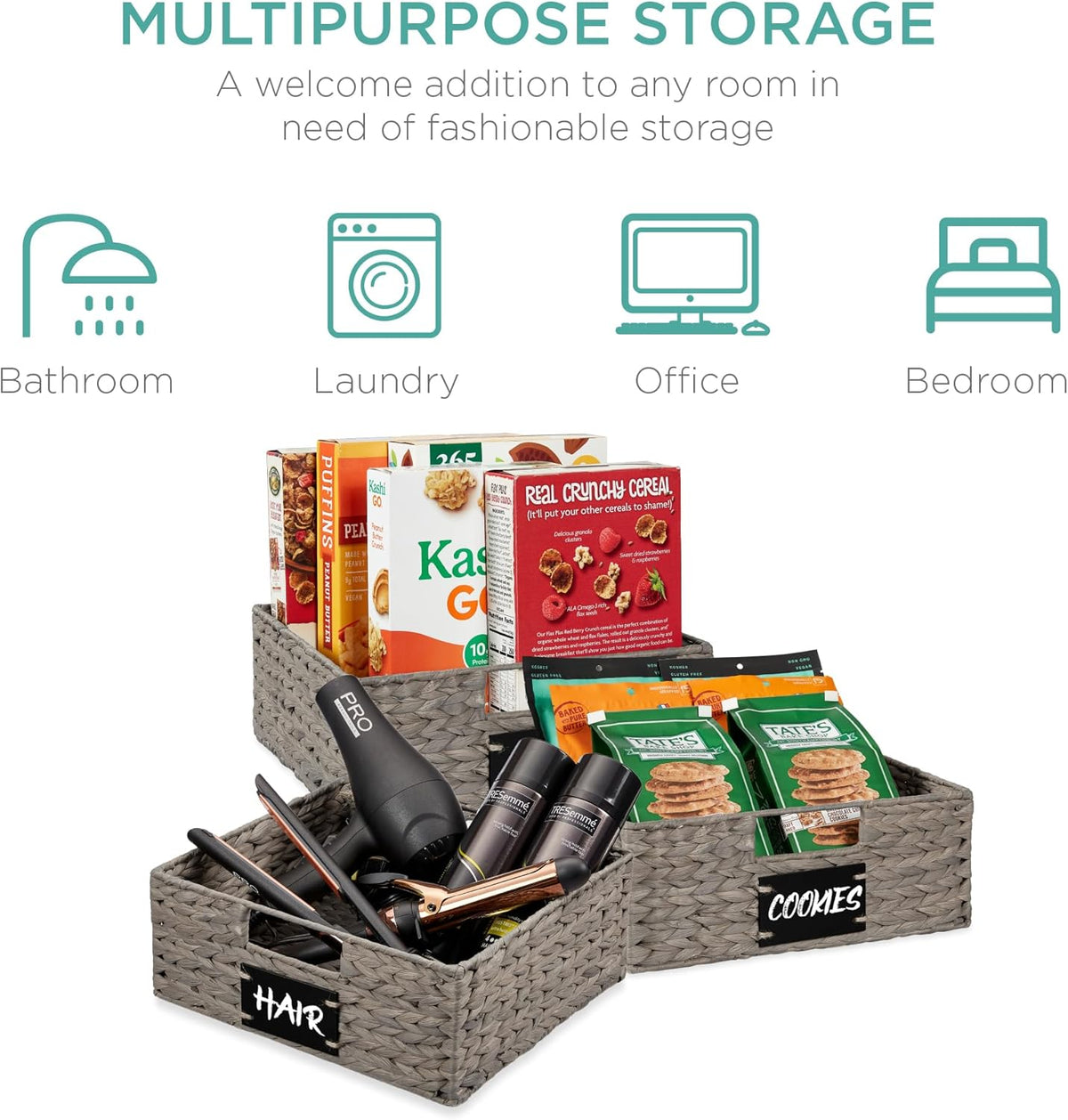 Best Choice Products Set of 4 16x12in Large Water Hyacinth Pantry Baskets, Woven Organizers w/Chalkboard Label, Chalk Marker - Natural