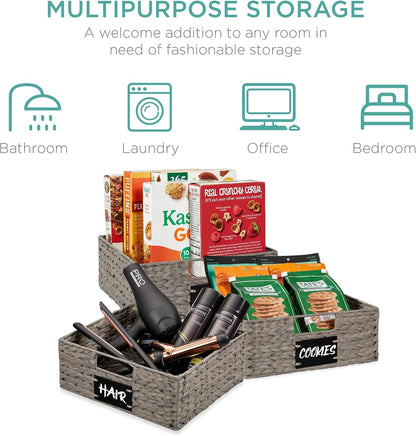Best Choice Products Set of 4 16x12in Large Water Hyacinth Pantry Baskets, Woven Organizers w/Chalkboard Label, Chalk Marker - Natural