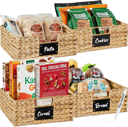 Best Choice Products Set of 4 16x12in Large Water Hyacinth Pantry Baskets, Woven Organizers w/Chalkboard Label, Chalk Marker - Natural