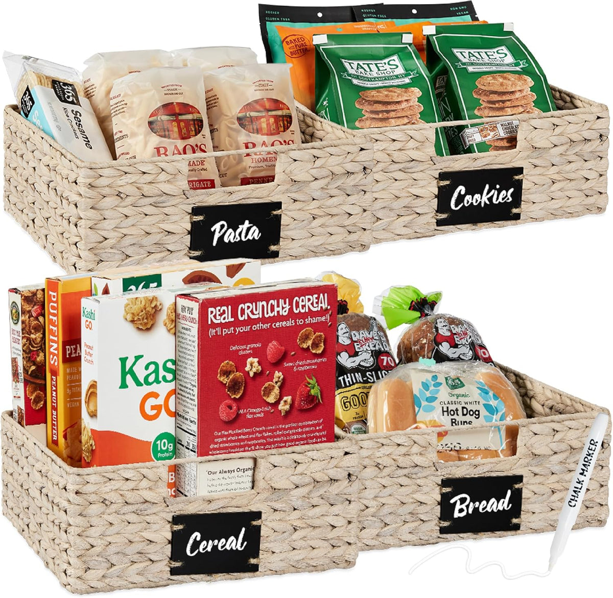 Best Choice Products Set of 4 16x12in Large Water Hyacinth Pantry Baskets, Woven Organizers w/Chalkboard Label, Chalk Marker - Natural