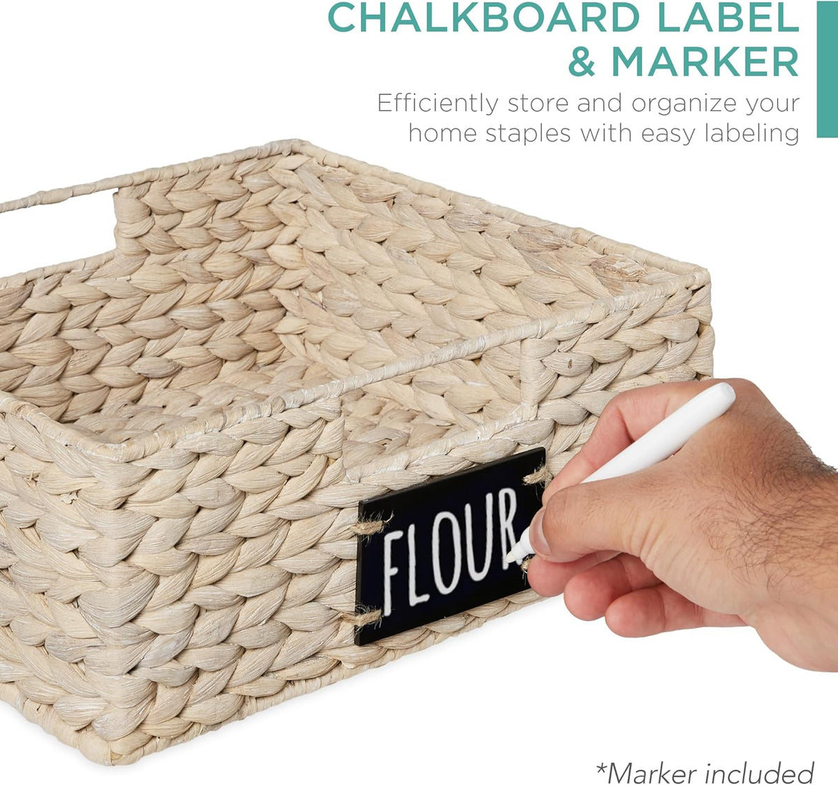 Best Choice Products Set of 4 16x12in Large Water Hyacinth Pantry Baskets, Woven Organizers w/Chalkboard Label, Chalk Marker - Natural