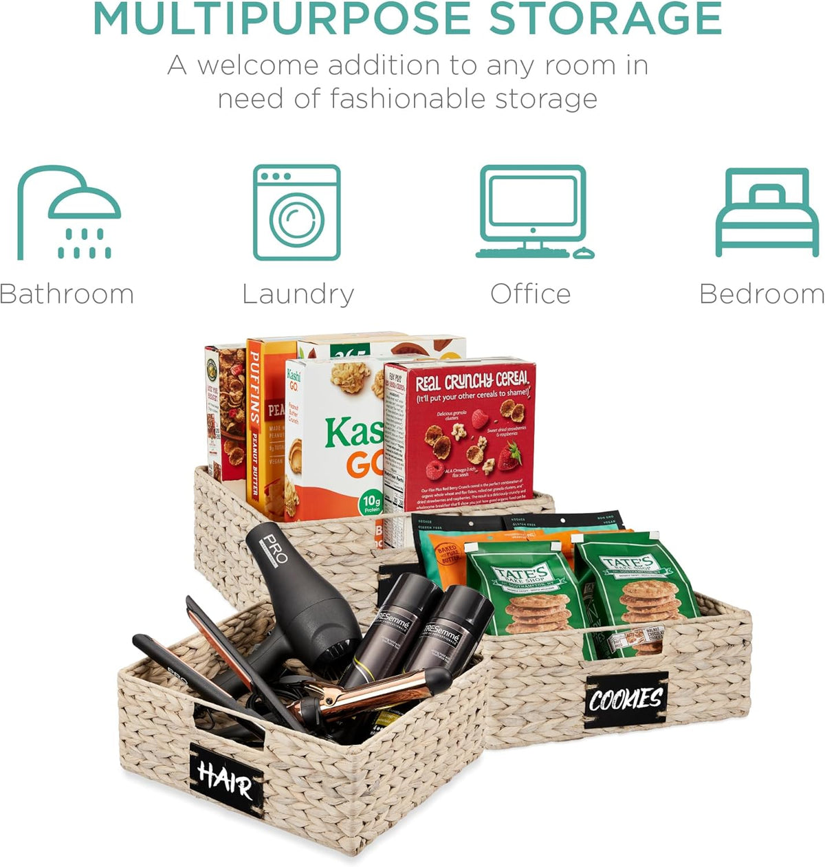 Best Choice Products Set of 4 16x12in Large Water Hyacinth Pantry Baskets, Woven Organizers w/Chalkboard Label, Chalk Marker - Natural