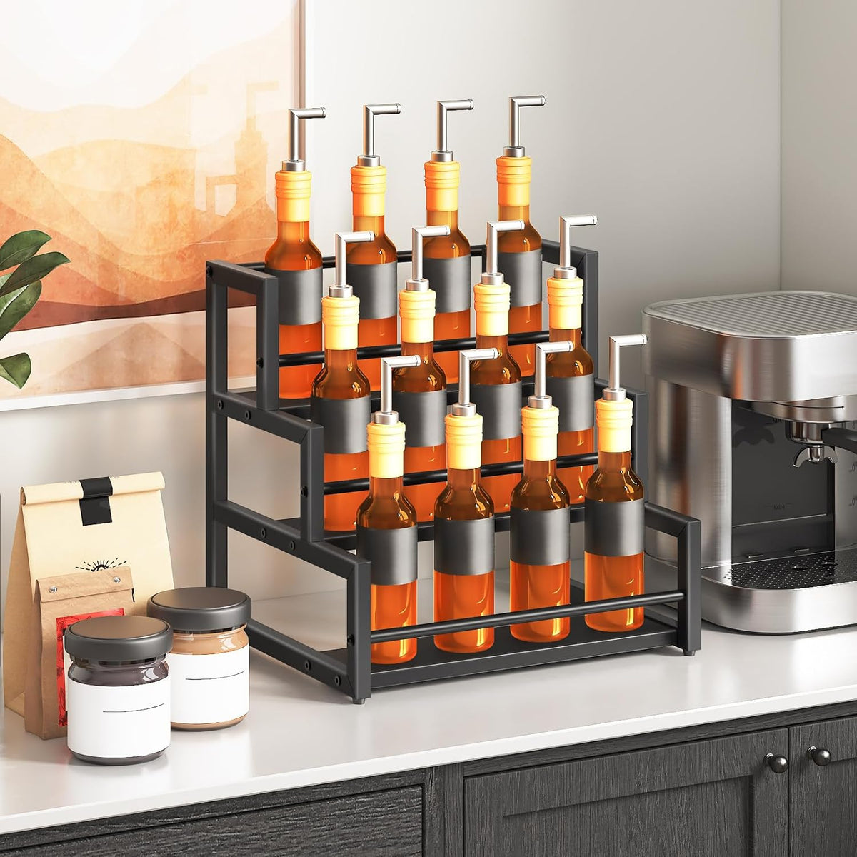 Coffee Syrup Rack Organizer, 3-Tier 12-Bottle Syrup Holder Stand for Coffee Bar, Wine Rack Countertop Storage Rack for Syrup, Wine, for Kitchen Coffee Station, Rustic Brown and Black BF38JJ01