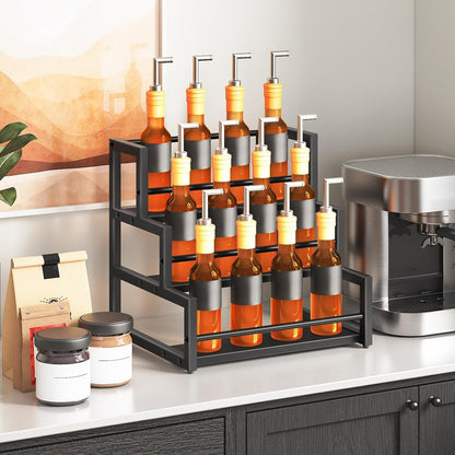 Coffee Syrup Rack Organizer, 3-Tier 12-Bottle Syrup Holder Stand for Coffee Bar, Wine Rack Countertop Storage Rack for Syrup, Wine, for Kitchen Coffee Station, Rustic Brown and Black BF38JJ01