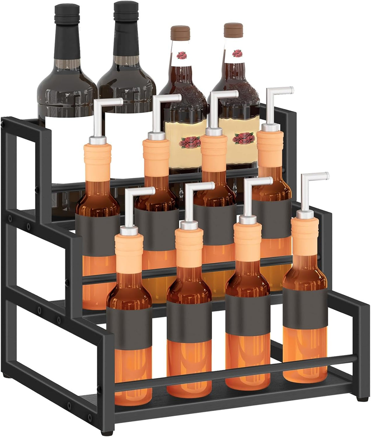 Coffee Syrup Rack Organizer, 3-Tier 12-Bottle Syrup Holder Stand for Coffee Bar, Wine Rack Countertop Storage Rack for Syrup, Wine, for Kitchen Coffee Station, Rustic Brown and Black BF38JJ01