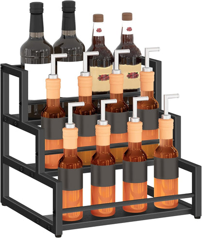Coffee Syrup Rack Organizer, 3-Tier 12-Bottle Syrup Holder Stand for Coffee Bar, Wine Rack Countertop Storage Rack for Syrup, Wine, for Kitchen Coffee Station, Rustic Brown and Black BF38JJ01