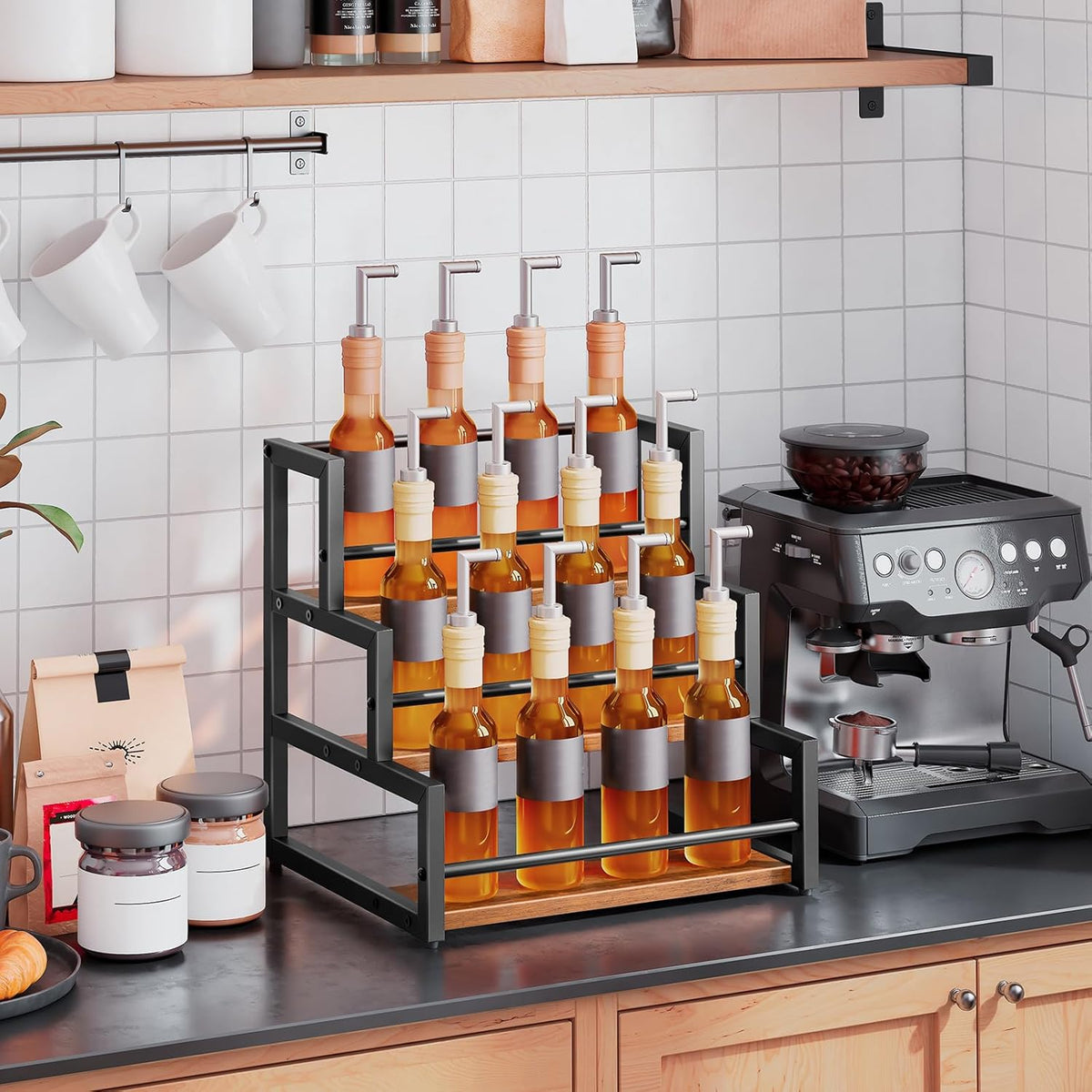 Coffee Syrup Rack Organizer, 3-Tier 12-Bottle Syrup Holder Stand for Coffee Bar, Wine Rack Countertop Storage Rack for Syrup, Wine, for Kitchen Coffee Station, Rustic Brown and Black BF38JJ01