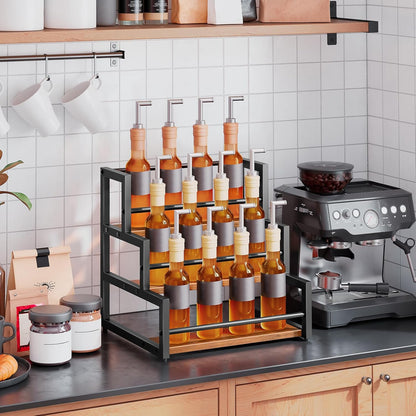 Coffee Syrup Rack Organizer, 3-Tier 12-Bottle Syrup Holder Stand for Coffee Bar, Wine Rack Countertop Storage Rack for Syrup, Wine, for Kitchen Coffee Station, Rustic Brown and Black BF38JJ01