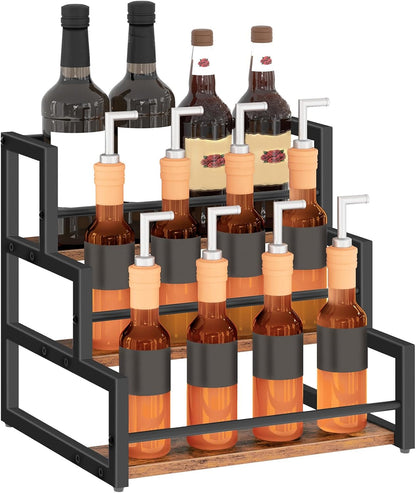 Coffee Syrup Rack Organizer, 3-Tier 12-Bottle Syrup Holder Stand for Coffee Bar, Wine Rack Countertop Storage Rack for Syrup, Wine, for Kitchen Coffee Station, Rustic Brown and Black BF38JJ01