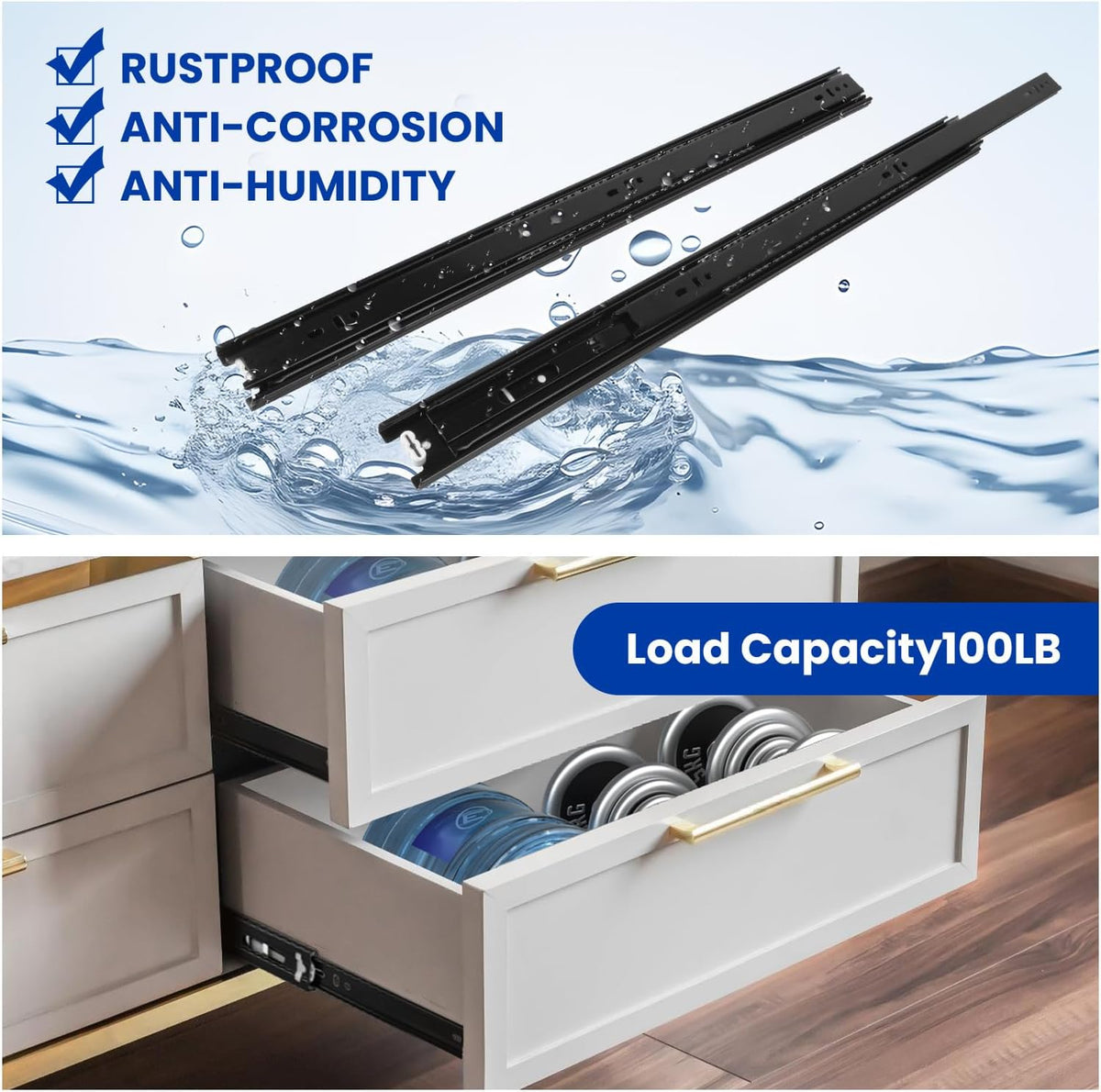 Full Extension Ball Bearing Drawer Slides 8 10 12 14 16 18 20 22 24 Inch Heavy Duty Side Mount File Cabinet Rails Dresser Runner Kitchen Cabinet Drawer Glides 100 LB Capacity (12 inch,1 Pair)