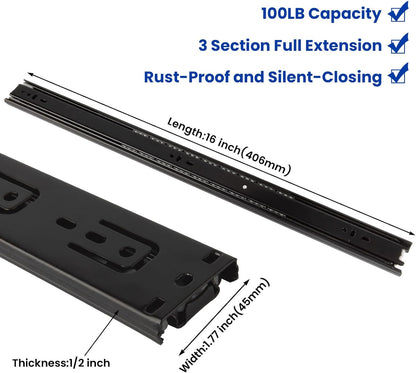 Full Extension Ball Bearing Drawer Slides 8 10 12 14 16 18 20 22 24 Inch Heavy Duty Side Mount File Cabinet Rails Dresser Runner Kitchen Cabinet Drawer Glides 100 LB Capacity (12 inch,1 Pair)