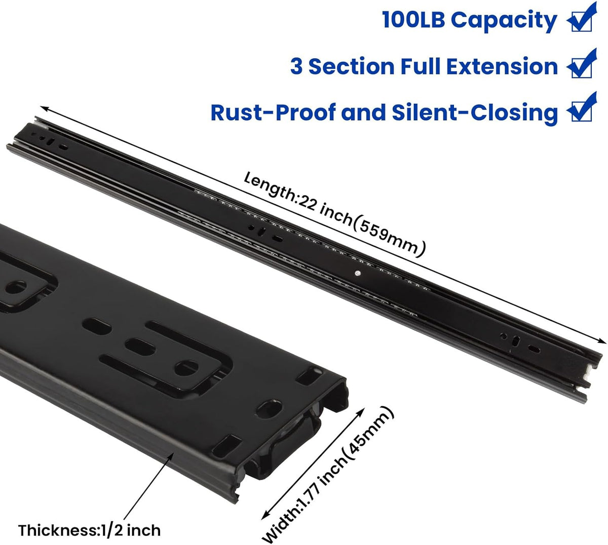 Full Extension Ball Bearing Drawer Slides 8 10 12 14 16 18 20 22 24 Inch Heavy Duty Side Mount File Cabinet Rails Dresser Runner Kitchen Cabinet Drawer Glides 100 LB Capacity (12 inch,1 Pair)