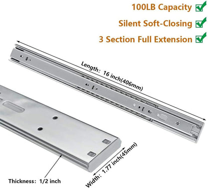 Full Extension Ball Bearing Drawer Slides 8 10 12 14 16 18 20 22 24 Inch Heavy Duty Side Mount File Cabinet Rails Dresser Runner Kitchen Cabinet Drawer Glides 100 LB Capacity (12 inch,1 Pair)