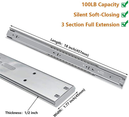 Full Extension Ball Bearing Drawer Slides 8 10 12 14 16 18 20 22 24 Inch Heavy Duty Side Mount File Cabinet Rails Dresser Runner Kitchen Cabinet Drawer Glides 100 LB Capacity (12 inch,1 Pair)